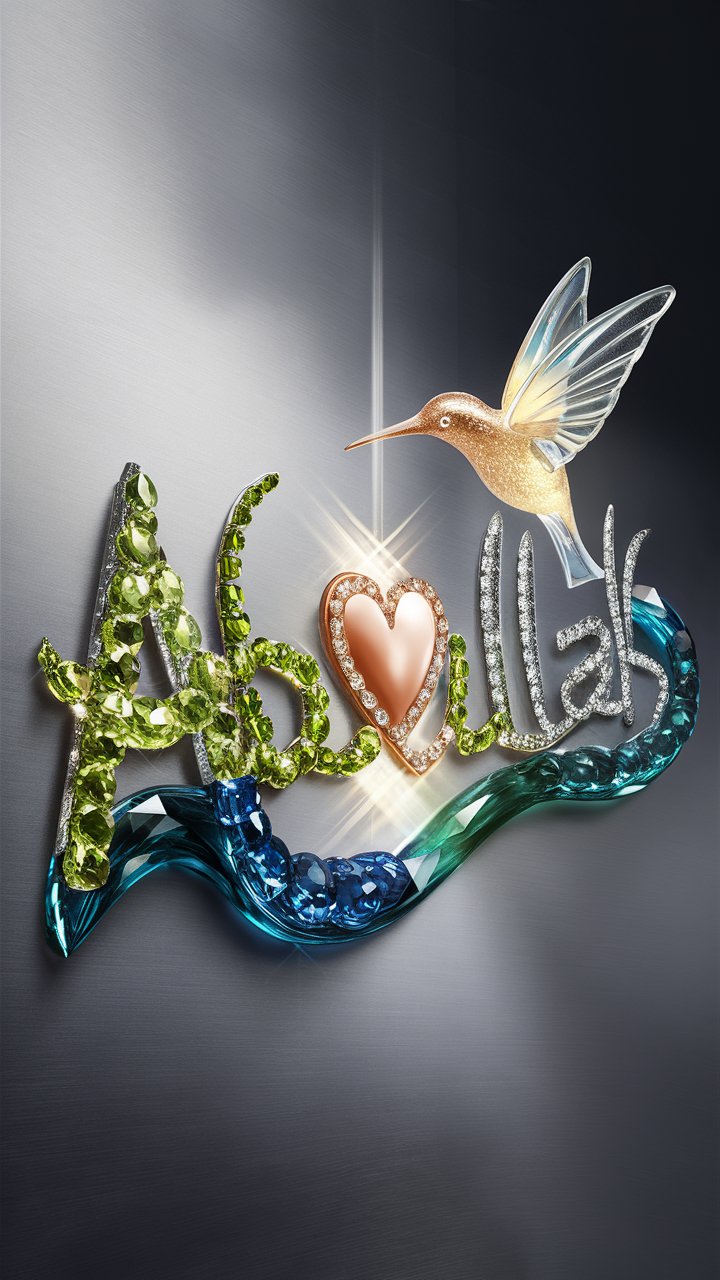 Radiant 3D Abdullah logo with peridots, sapphires, and a glowing heart with a glass hummingbird."