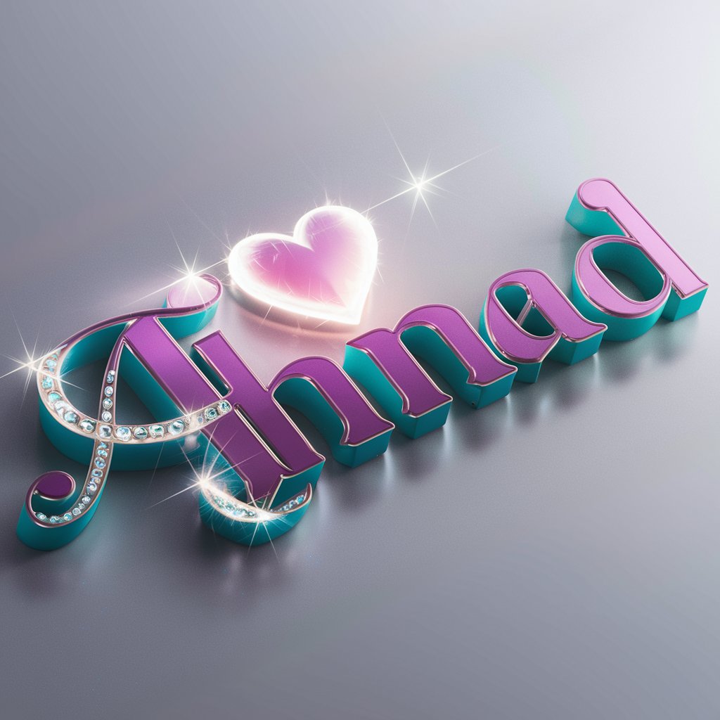 Luxurious logo for 'Ahmad,' showcasing glowing purple and turquoise letters, a warm heart, and a glass butterfly."