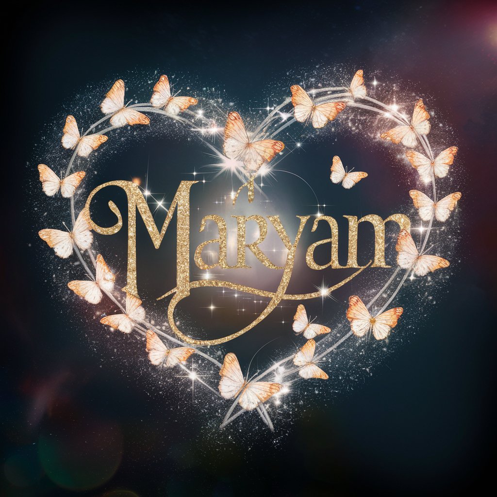 A heart-shaped wreath of fairies and dust frames Maryam’s name, offering a fantastical and enchanting style."