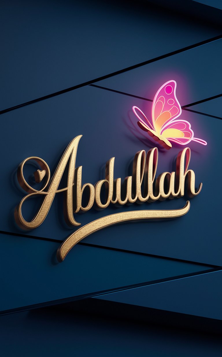 Striking 'Abdullah' logo in neon colors, featuring a glittering butterfly on a blue background."