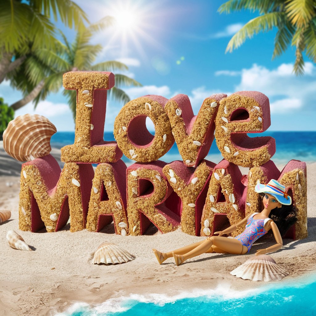 Beach doll with sun hat beside 'I love Maryam' letters made of sand, with palm trees and ocean backdrop