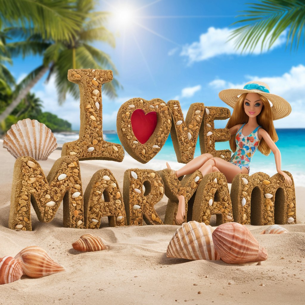 Sandy 'I love Maryam' letters with a beach doll, waves crashing and palm trees creating a blissful scene."