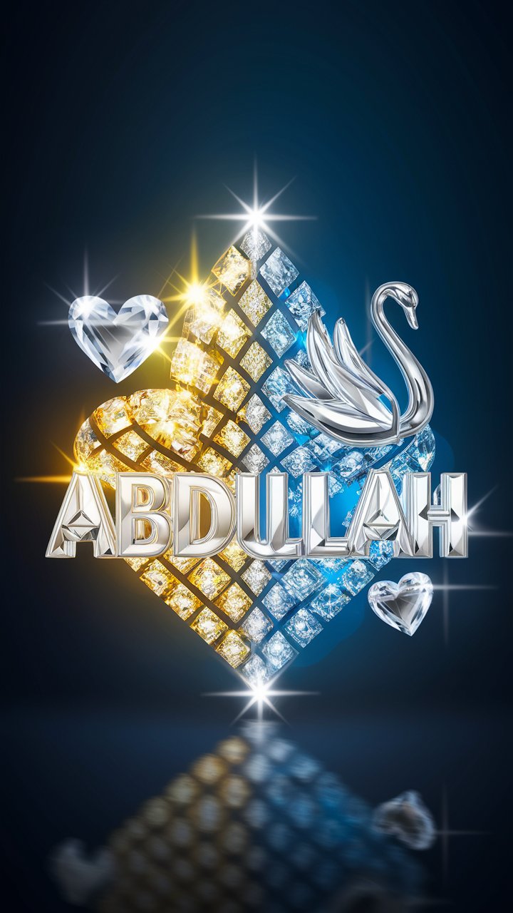 "3D logo for Abdullah with diamonds transitioning from yellow to blue, featuring a silver heart."