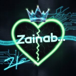 Neon green and blue heart with a digital crack, glowing crown, and 'Zainab..' in tech font."