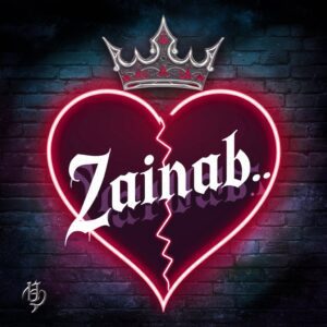 Gothic neon heart outlined in red and violet, with a dark ornate crown and 'Zainab..' in cursive font