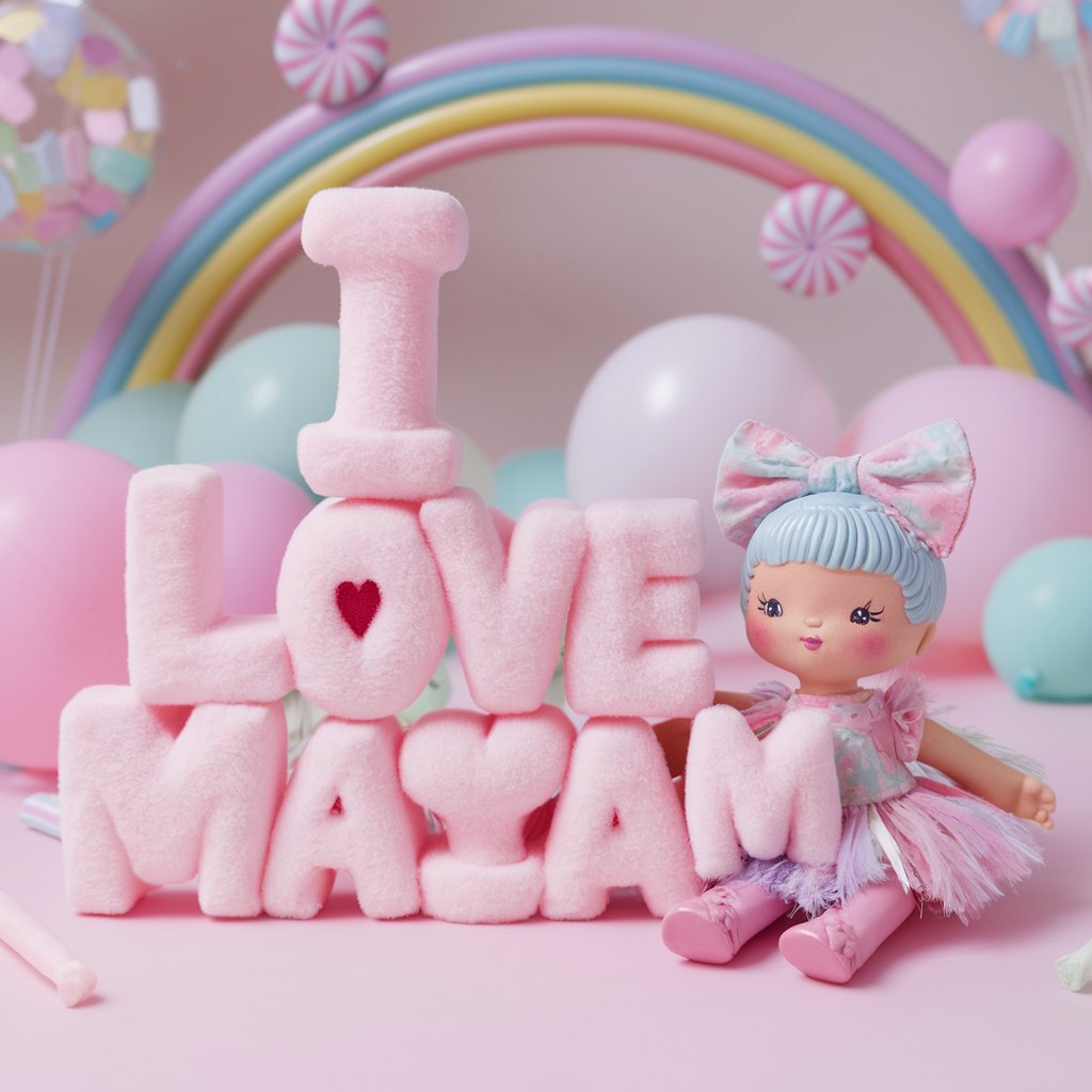 Colorful 'I love Maryam' letters and a pastel doll in a frilly dress in a whimsical paradise."