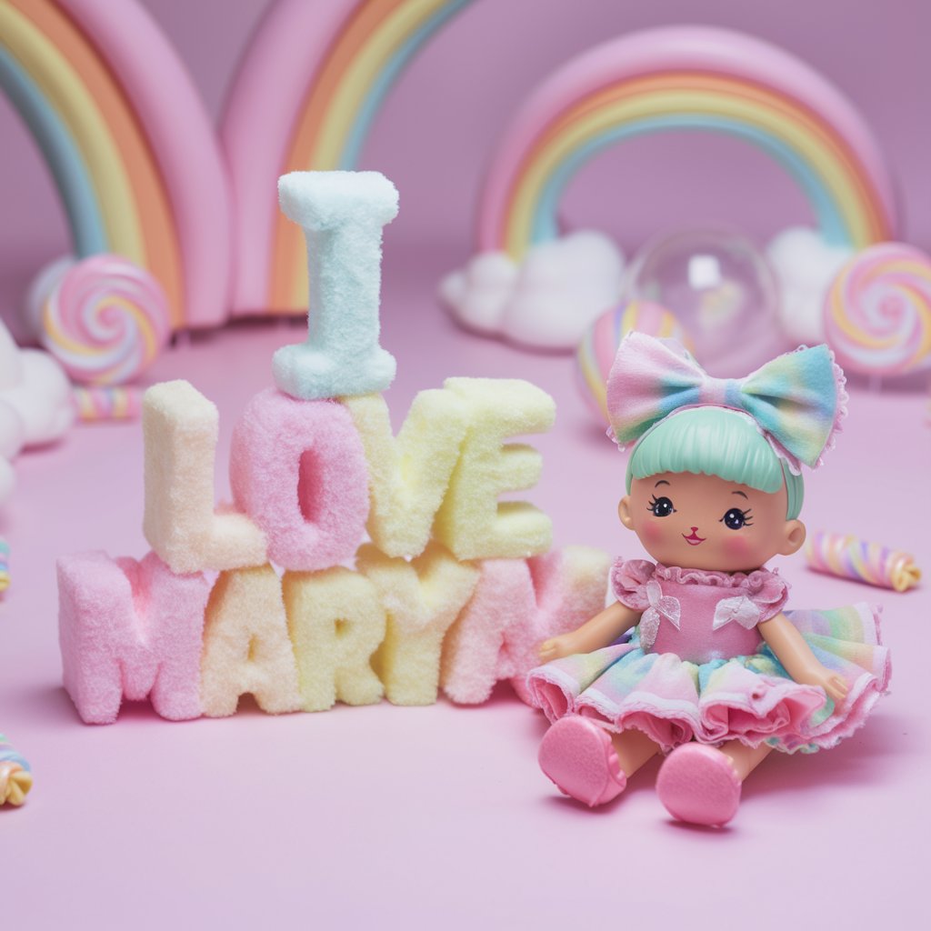 Pastel paradise with 'I love Maryam' letters and a cute doll surrounded by dreamy decorations."