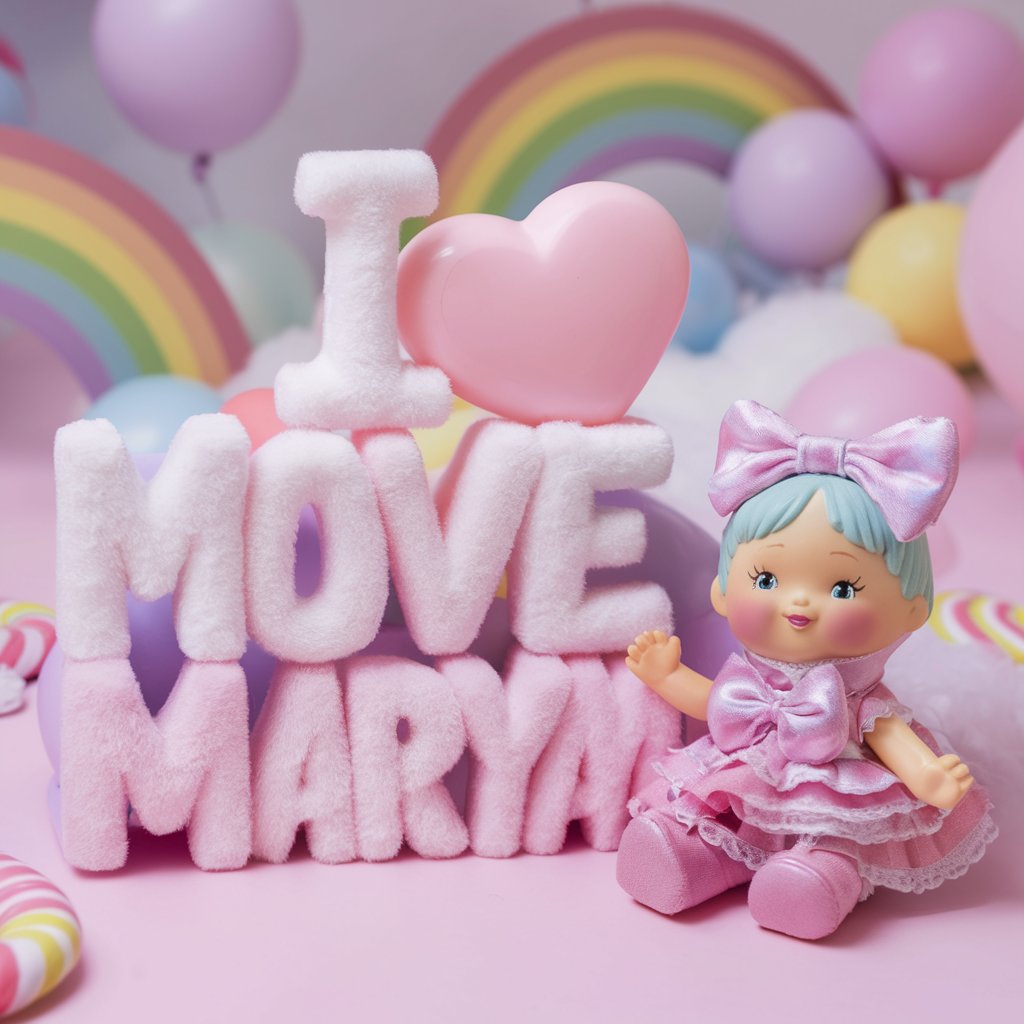 Pastel 'I love Maryam' letters with a cute doll in a frilly dress, surrounded by rainbows and balloons."