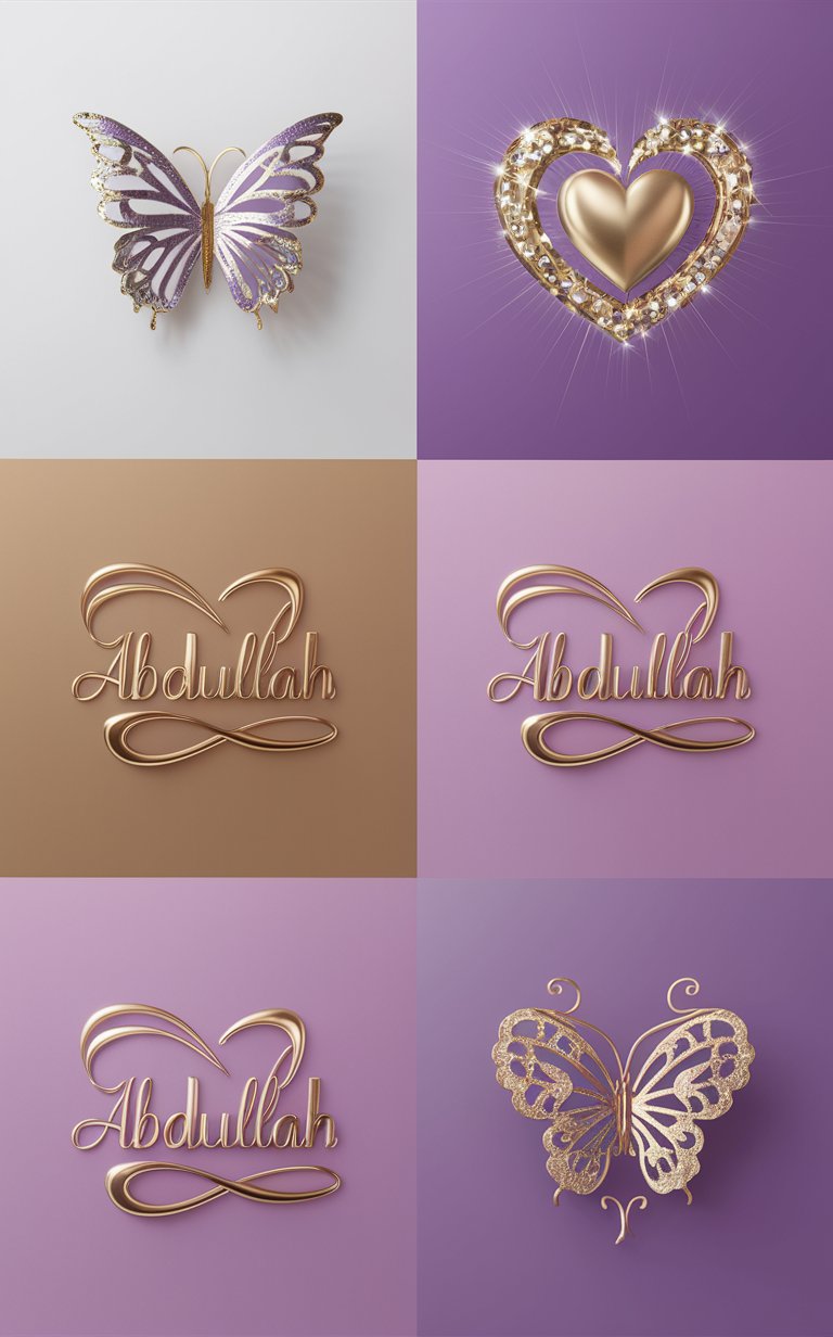 Sophisticated 'Abdullah' logo with delicate heart and butterfly in gold and lavender."