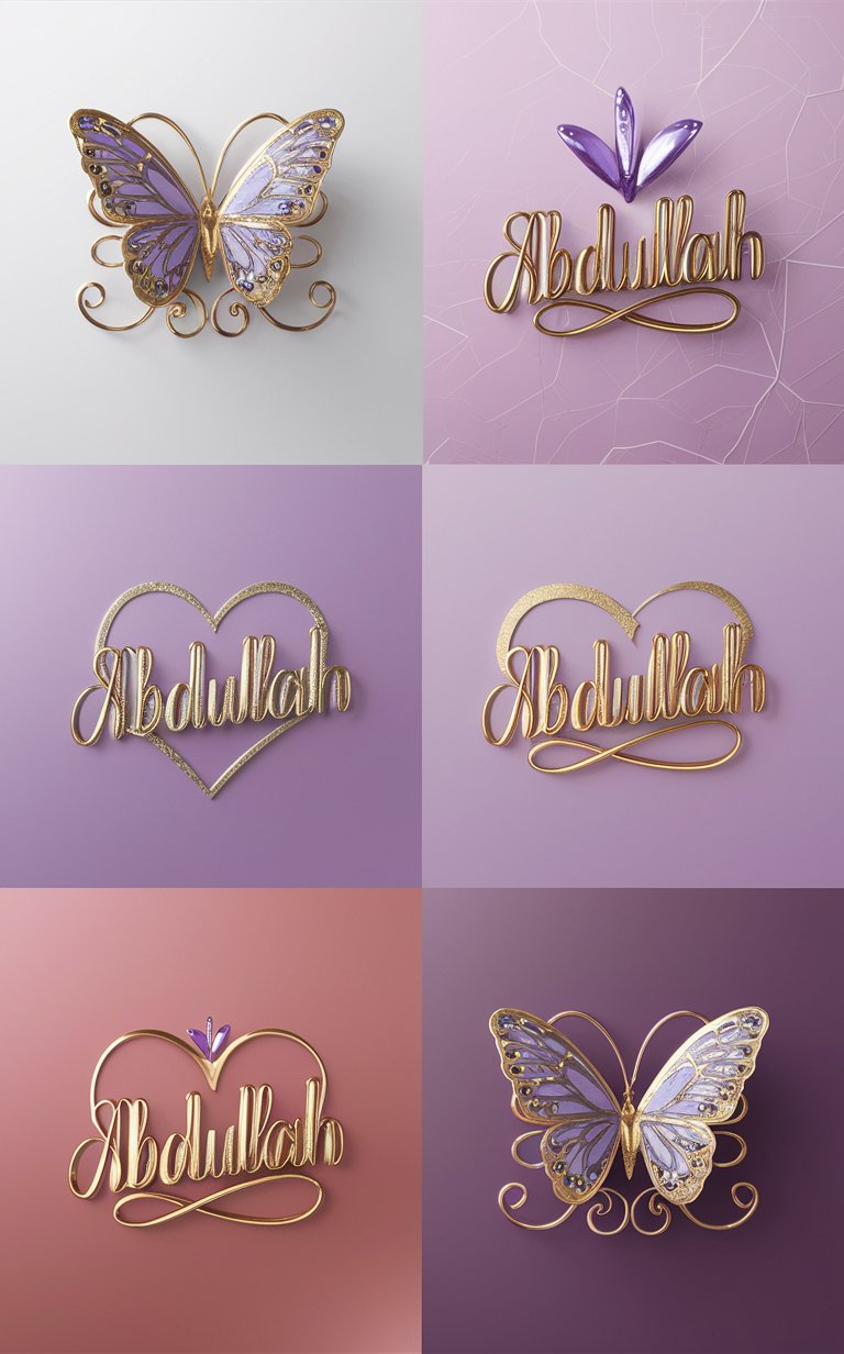 Ornate 'Abdullah' logo with gold and lavender butterfly on a crisp white background."