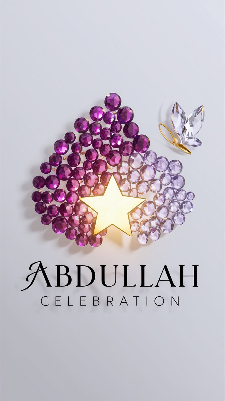 Elegant 3D Abdullah logo with shimmering gems and golden accents on a white background."