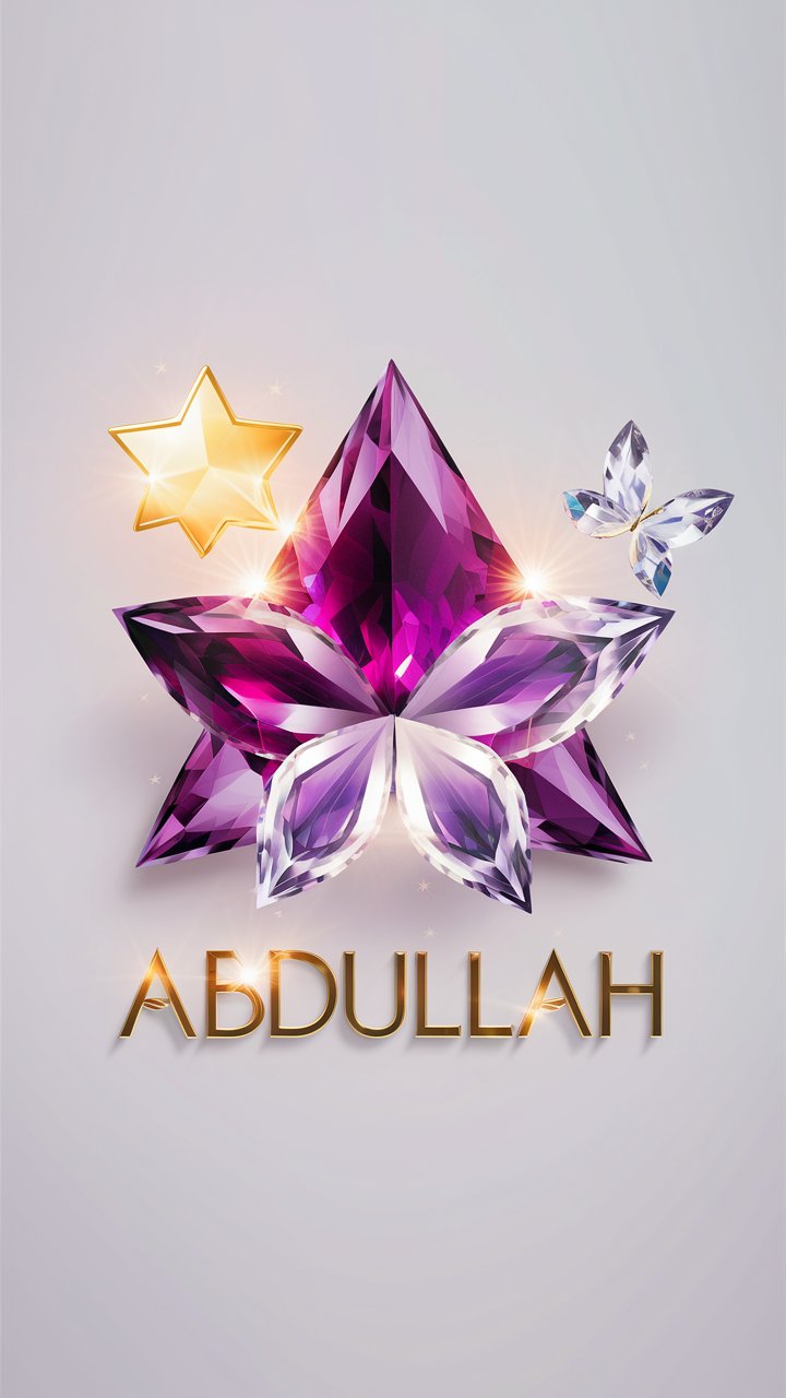 "3D logo for Abdullah with radiant purple to lavender gems, golden star, and crystal butterfly