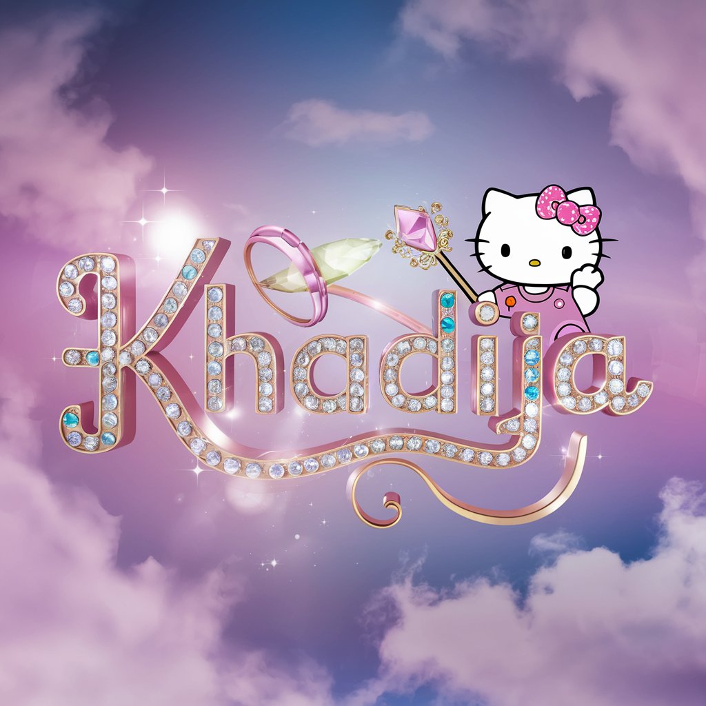 Khadija" logo in soft pastel gems with Hello Kitty and a magic wand, set against a serene cloud backdrop.