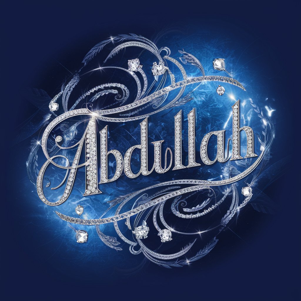 Sophisticated 'Abdullah name with swirling platinum designs and shimmering filigree against a deep blue background."