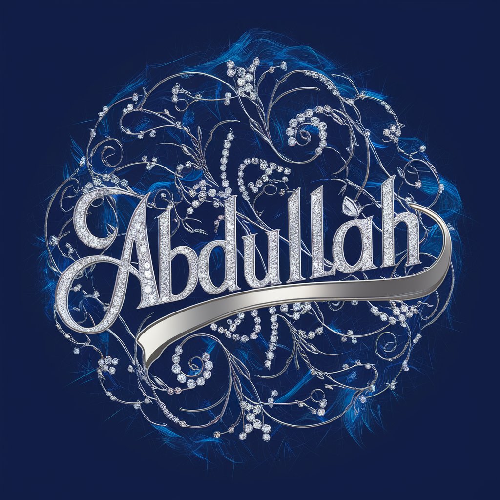 Abdullah in platinum script, adorned with filigree patterns and gemstones, set on a royal blue backdrop."