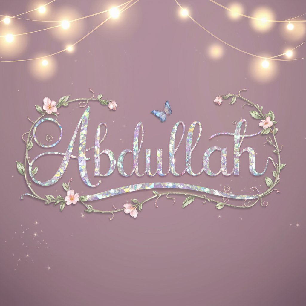 Delicate 'Abdullah' in pearl cursive, surrounded by flowers and butterflies on a pastel pink background."