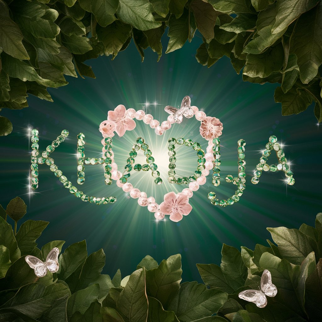 Lush garden-inspired 'Khadija' logo with crystal flowers and butterfly, a vibrant choice for a wallpaper."