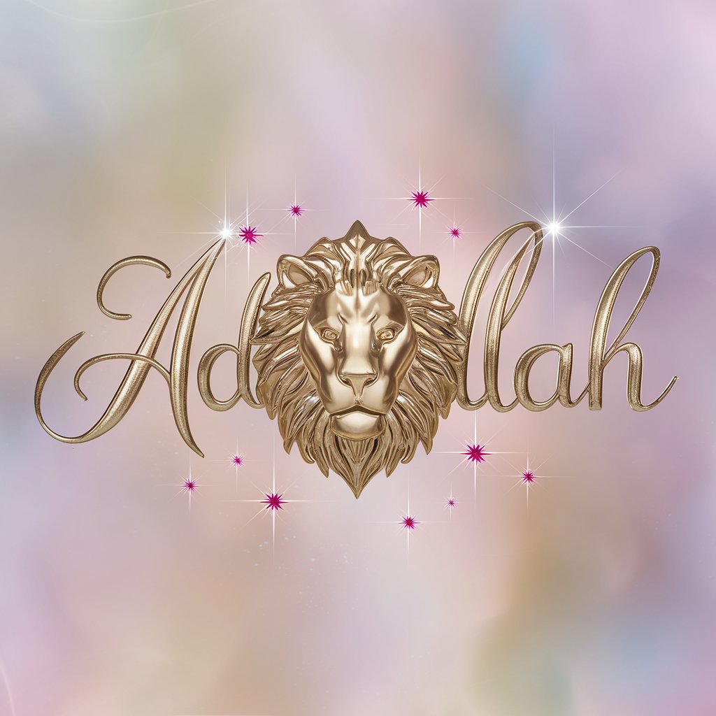 Gold "Abdullah" with a lion’s head and neon pink details, against a soft pastel gradient wallpaper.