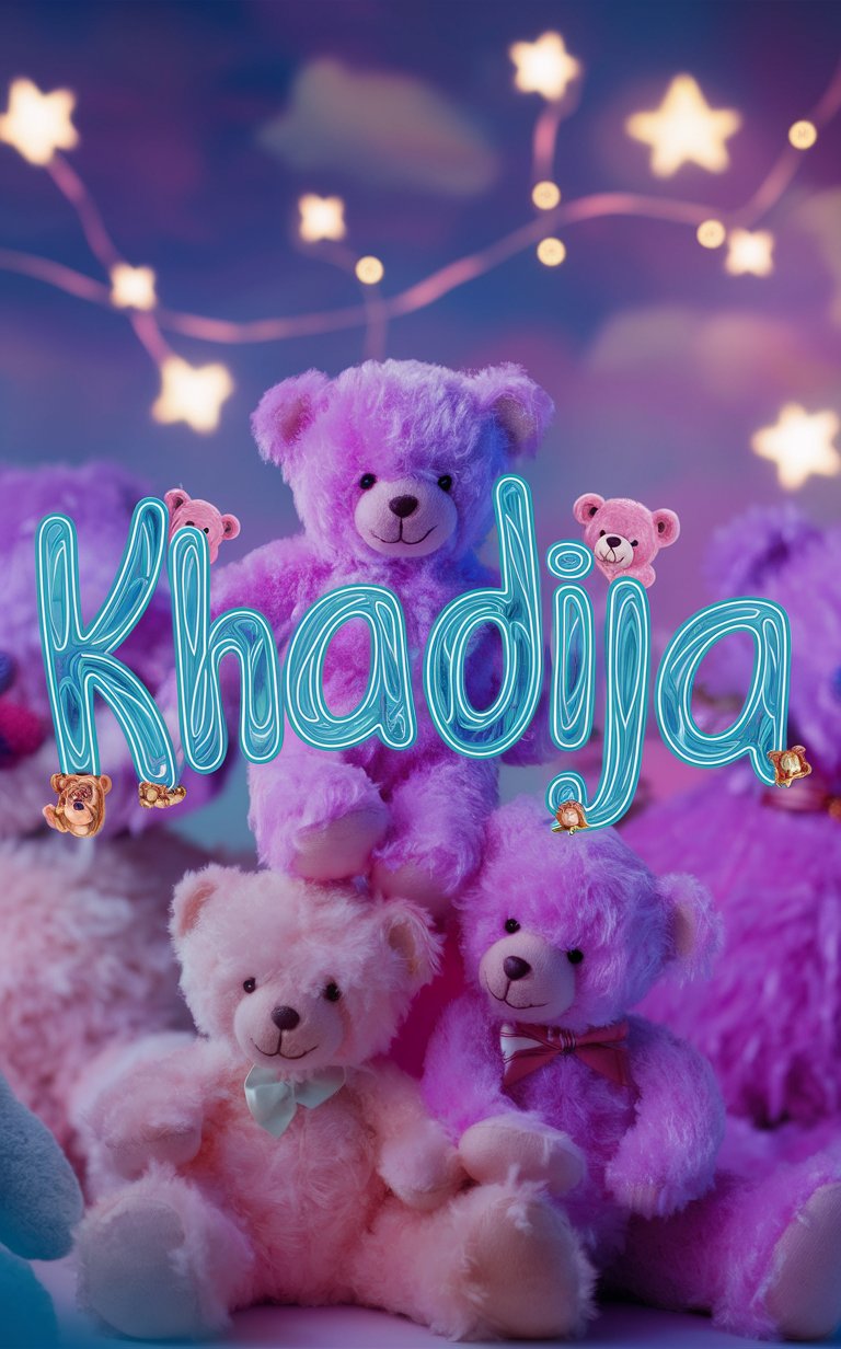 Neon blue 'Khadija' and pastel teddy bears in an enchanting Wallpaper setting