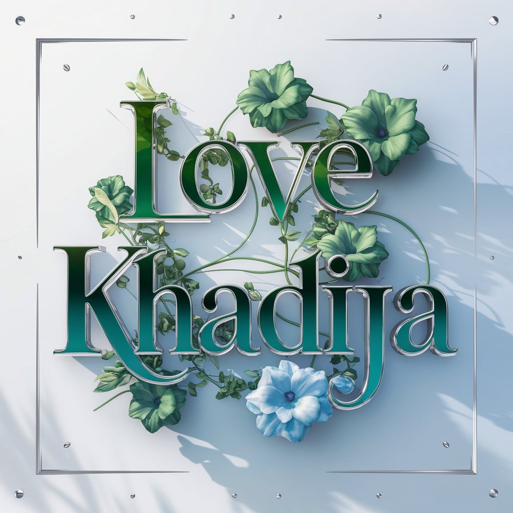 Emerald and sky blue Love Khadija with vibrant 3D flowers. Elegant 4K wallpaper."