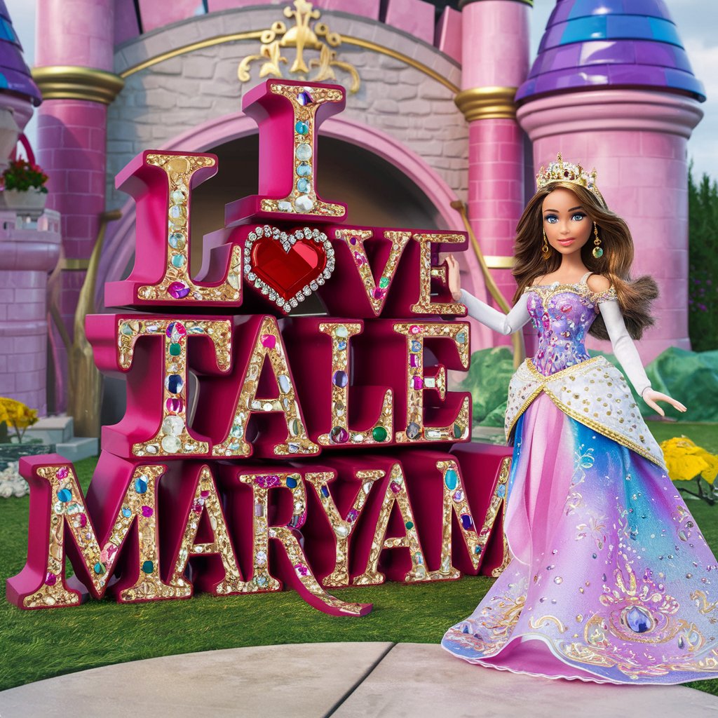 Regal 'I love Maryam' letters and a princess doll in a vibrant fairy tale castle setting."