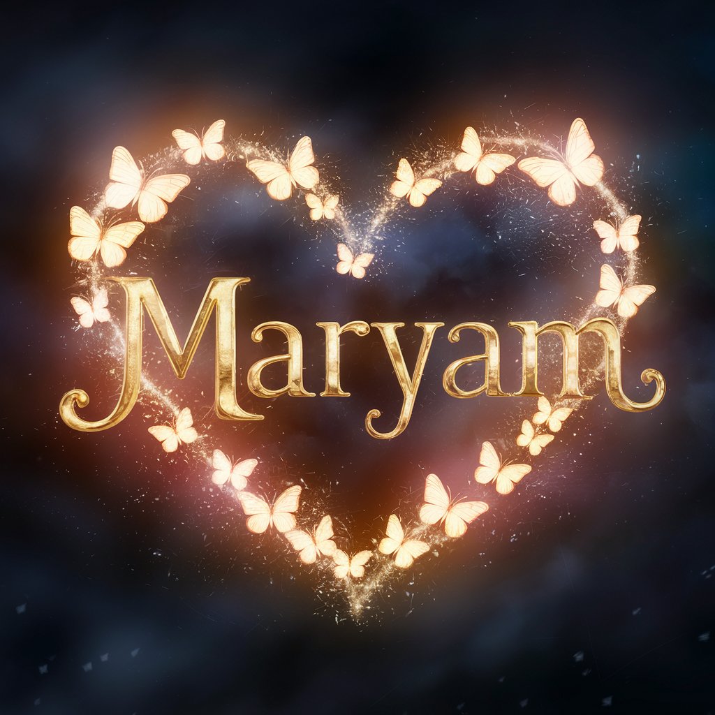 Maryam’s name is surrounded by glowing butterflies in a heart design, creating a magical and whimsical look