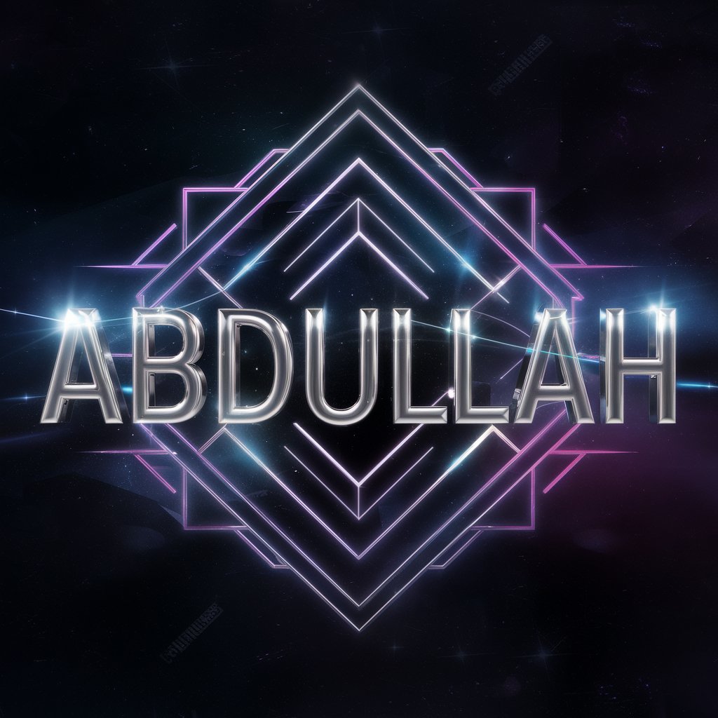 High-tech 'Abdullah' in metallic chrome with geometric patterns and neon lights in a galaxy setting."