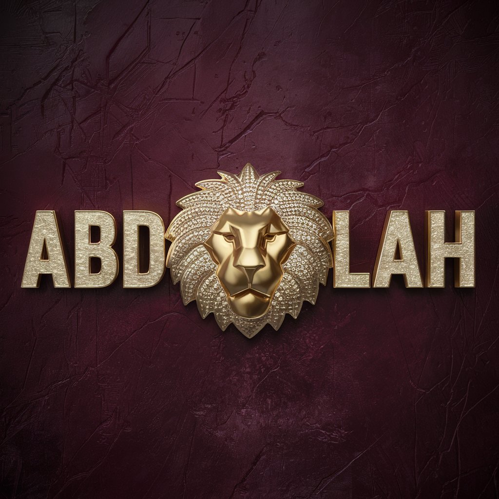 Luxurious "Abdullah" in gold with an embossed lion’s face and diamond accents on a dark burgundy wallpaper.