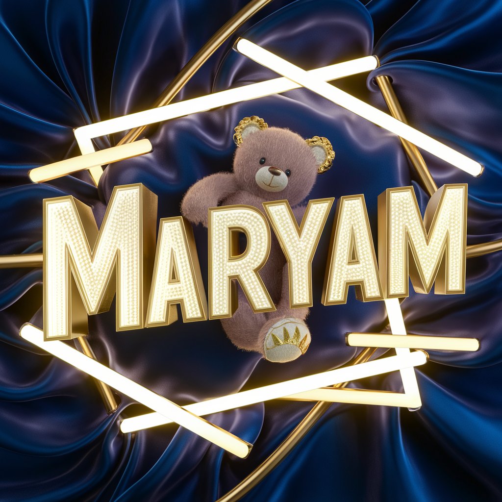 Elegant gold letters of Maryam with neon glow and plush teddy bear."