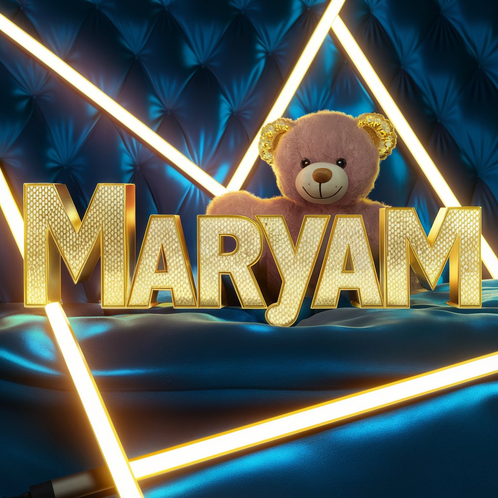 Bold gold name Maryam with neon lights and a golden teddy bear."