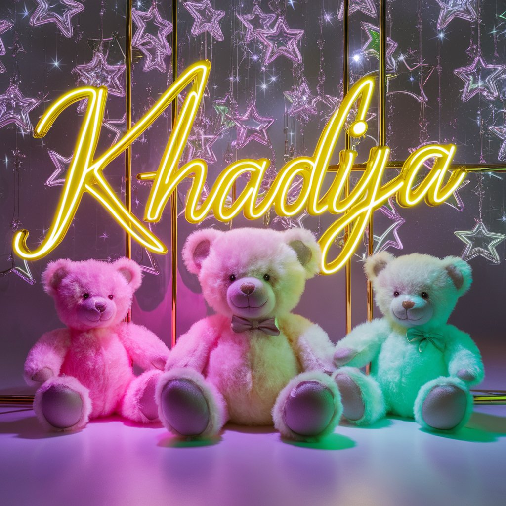 Glamorous neon 'Khadija' and teddy bears in a sparkling star Wallpaper setting."