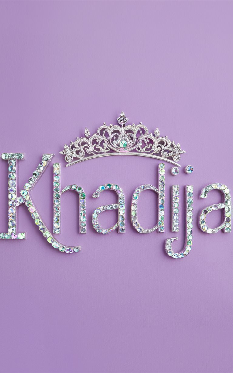 Elegant "Khadija" rendered in silver, adorned with crystals and a silver crown, set against lavender.