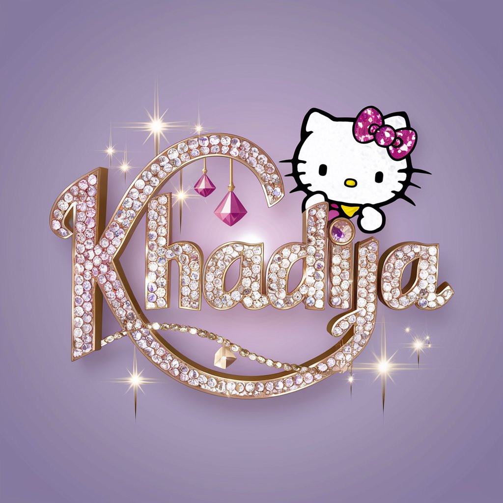 Khadija" logo adorned with shimmering pink and gold crystals, complemented by Hello Kitty on a soft lavender canvas