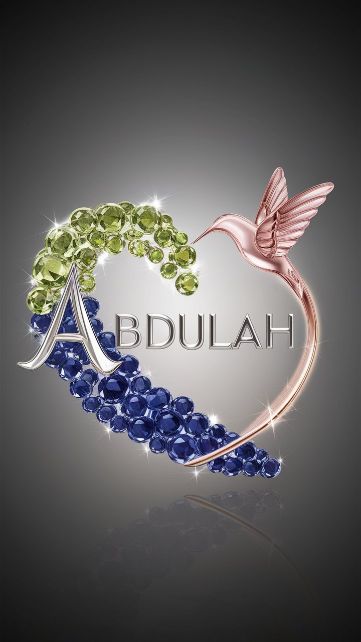 Enchanting 3D Abdullah logo with sparkling peridots, sapphires, and a delicate glass hummingbird."