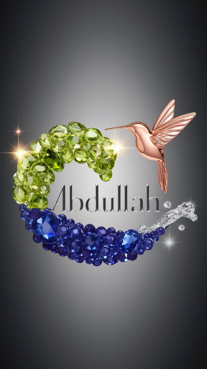 Radiant 3D logo for Abdullah with glowing heart, topaz, sea greens, and a glass fairy."