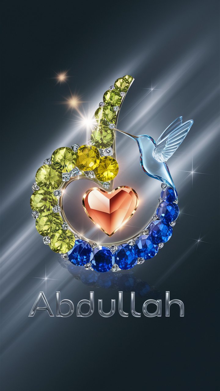 3D logo for Abdullah with vivid topaz and sea greens, featuring a glowing heart and glass fairy."