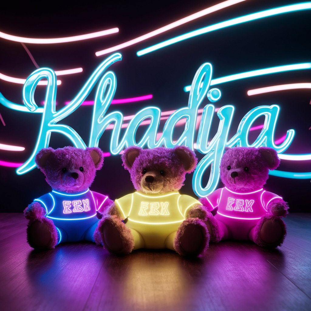 Neon 'Khadija' and teddy bears with glowing trails on a vibrant Wallpaper background."