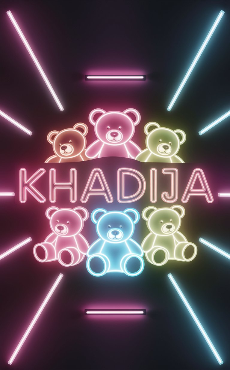 Luminous neon 'Khadija' and teddy bears against a sleek dark Wallpaper backdrop