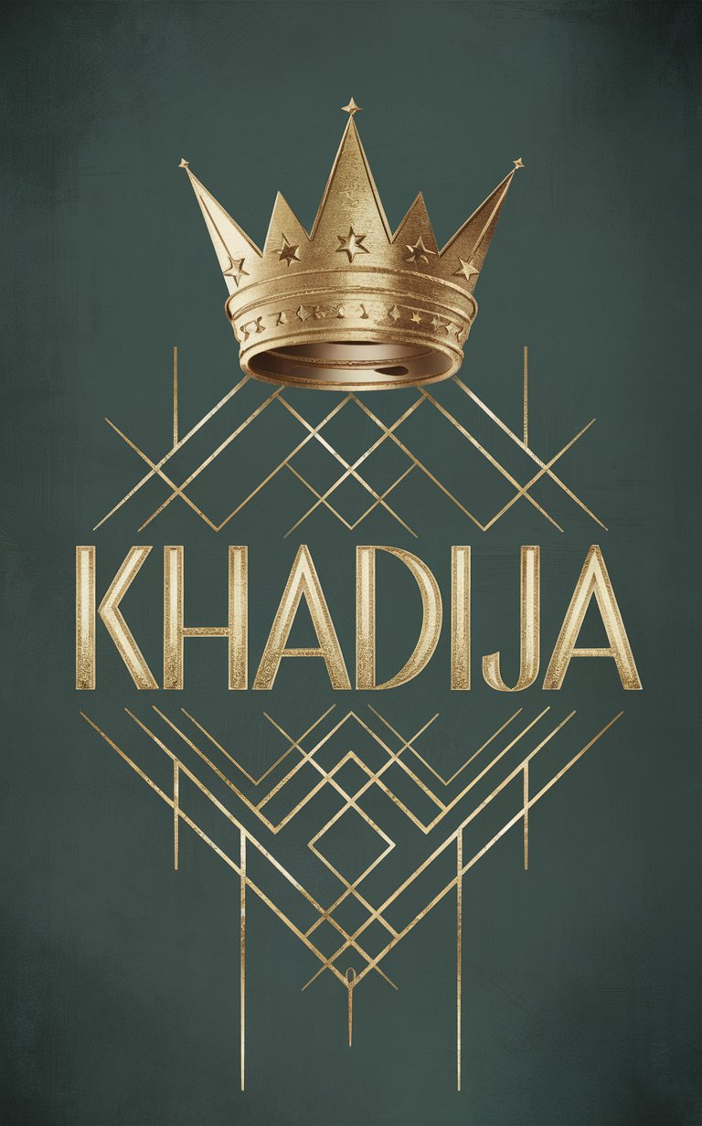 Khadija Name Wallpaper" in vintage gold Art Deco font with geometric diamonds and a vintage gold crown.