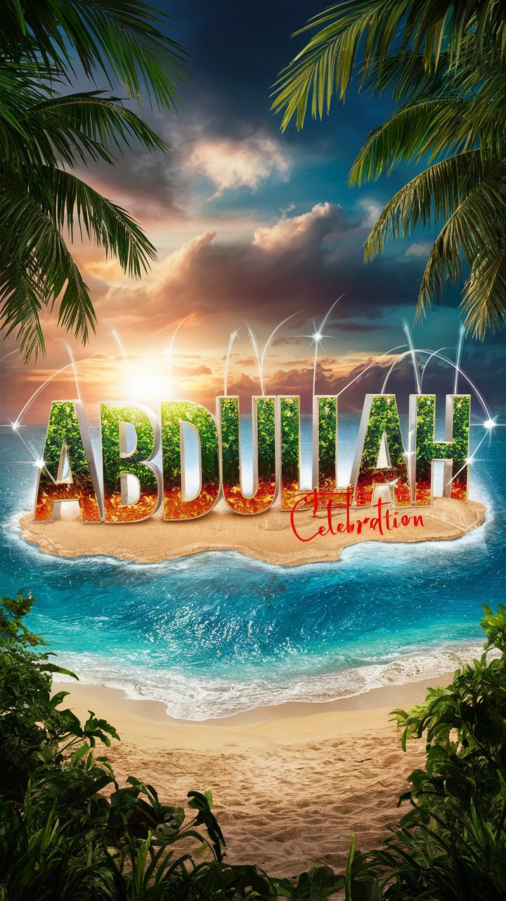 Tropical beach scene with 'Abdullah' in vivid 3D letters, framed by palm trees and a stunning sunset."