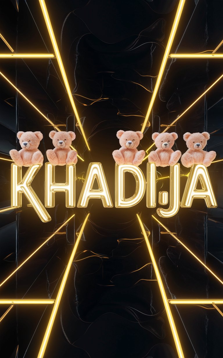 Luxurious neon 'Khadija' with neon teddy bears and a glossy Wallpaper background