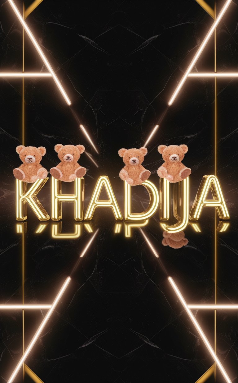 Radiant gold neon 'Khadija' with teddy bears on a high-gloss black Wallpaper