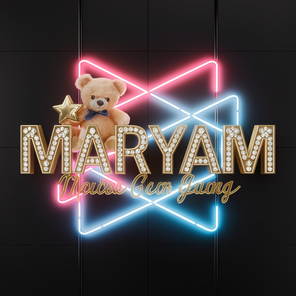 Bold gold name, vibrant neon lights, and a playful teddy."