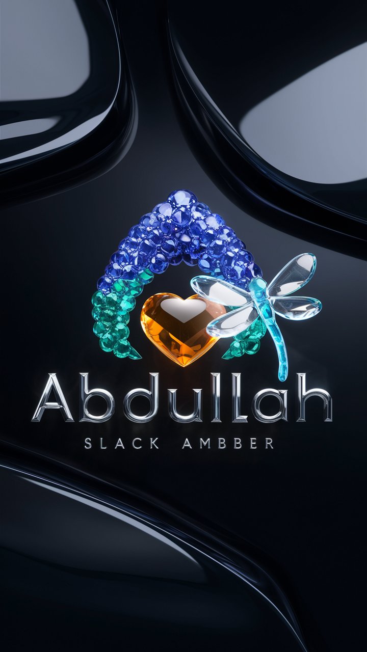 Elegant 3D logo for Abdullah with emeralds, sapphires, and a translucent glass dragonfly."