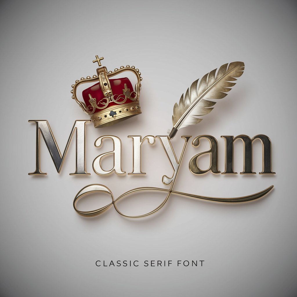 Classic serif 'Maryam' in gold and silver with vintage crown and quill, perfect for elegant wallpaper."