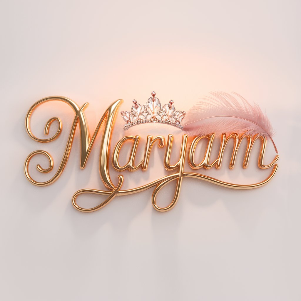 Maryam in elegant gold script with a royal tiara and pink feather, perfect for wallpaper design."