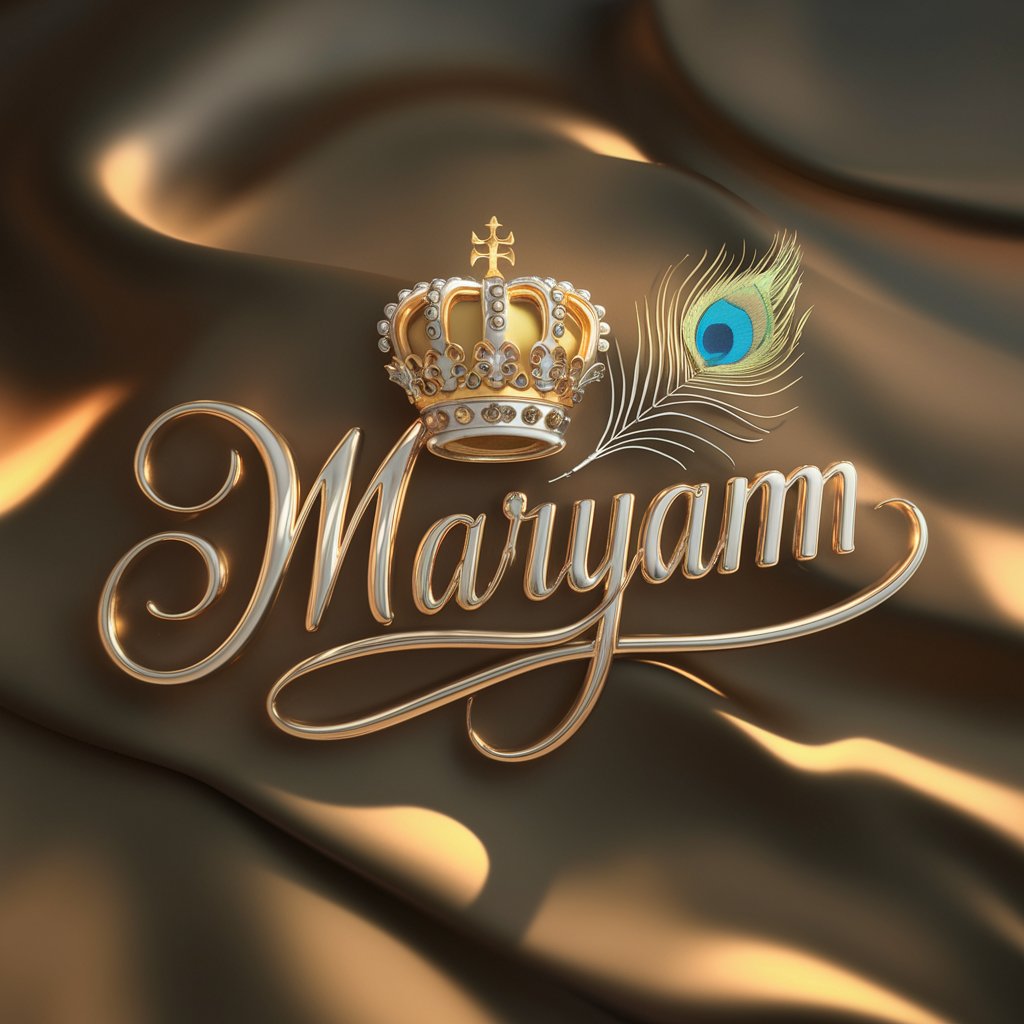 Luxurious calligraphy 'Maryam' in gold and silver with ornate crown and feather, ideal for elegant wallpaper."