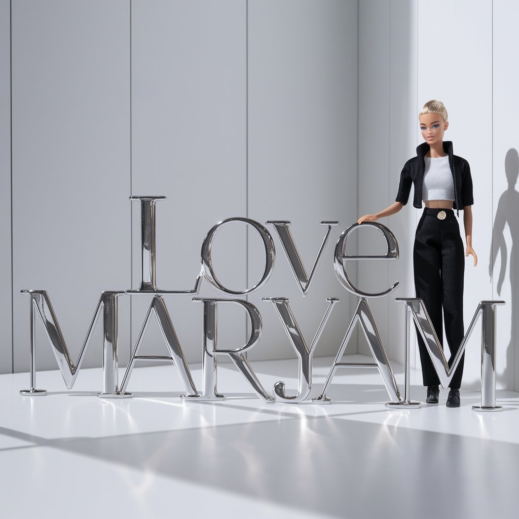 Sleek modern doll beside polished metal 'I love Maryam' letters in a clean, white minimalist space."