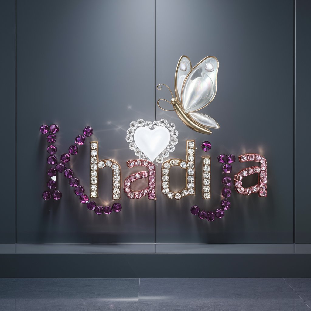 Radiant crystal 'Khadija' with glowing heart and butterfly, creating a jewel-inspired wallpaper."