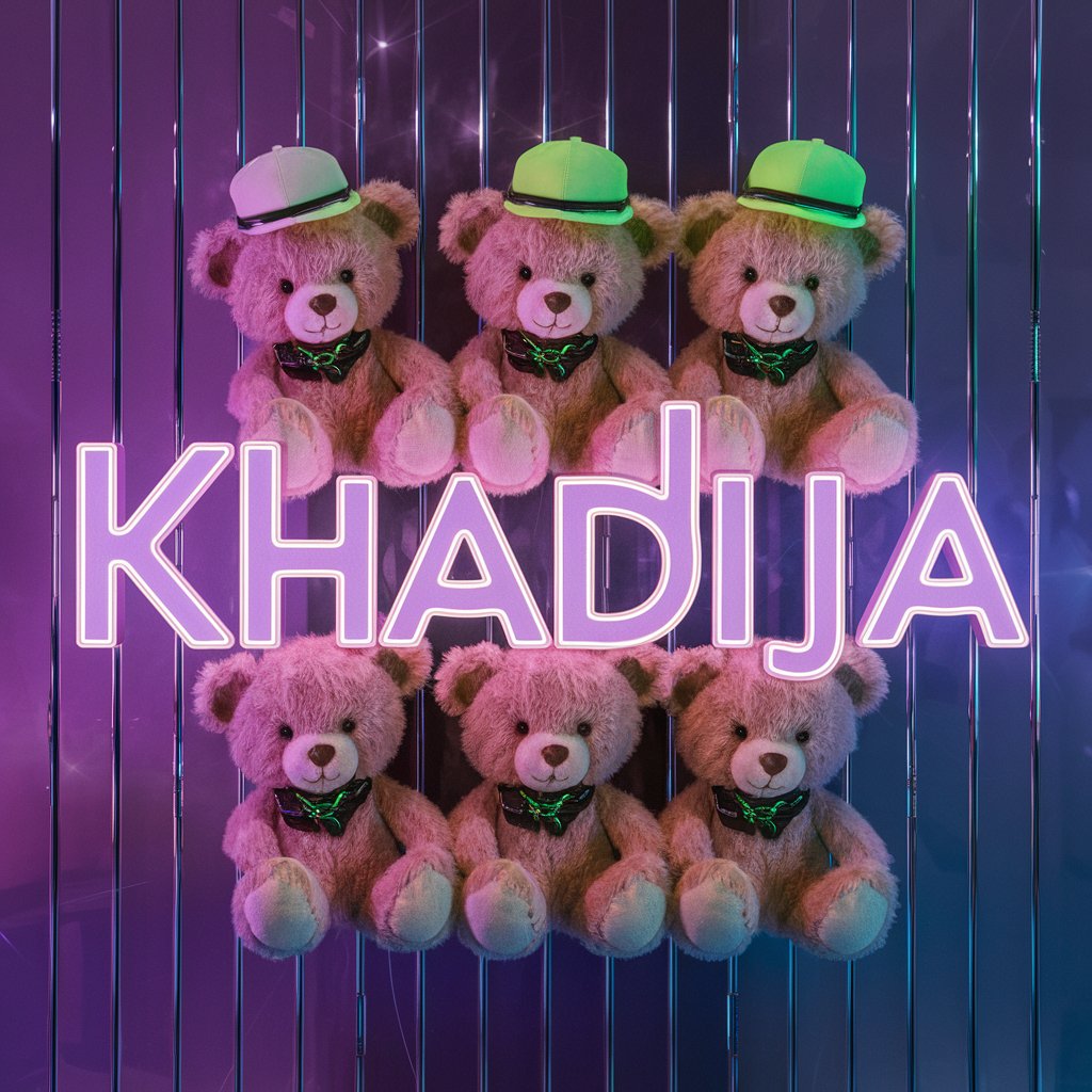 Neon green 'Khadija' surrounded by playful teddy bears and radiant Wallpaper design."